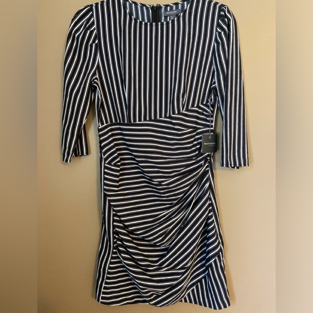 Madison Asymmetrical Black and White Striped Dress